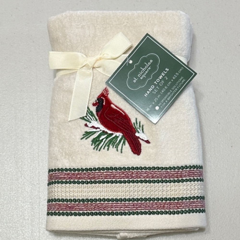 St. Nicholas Square Cream and Red Hand Towels - Cardinal Design